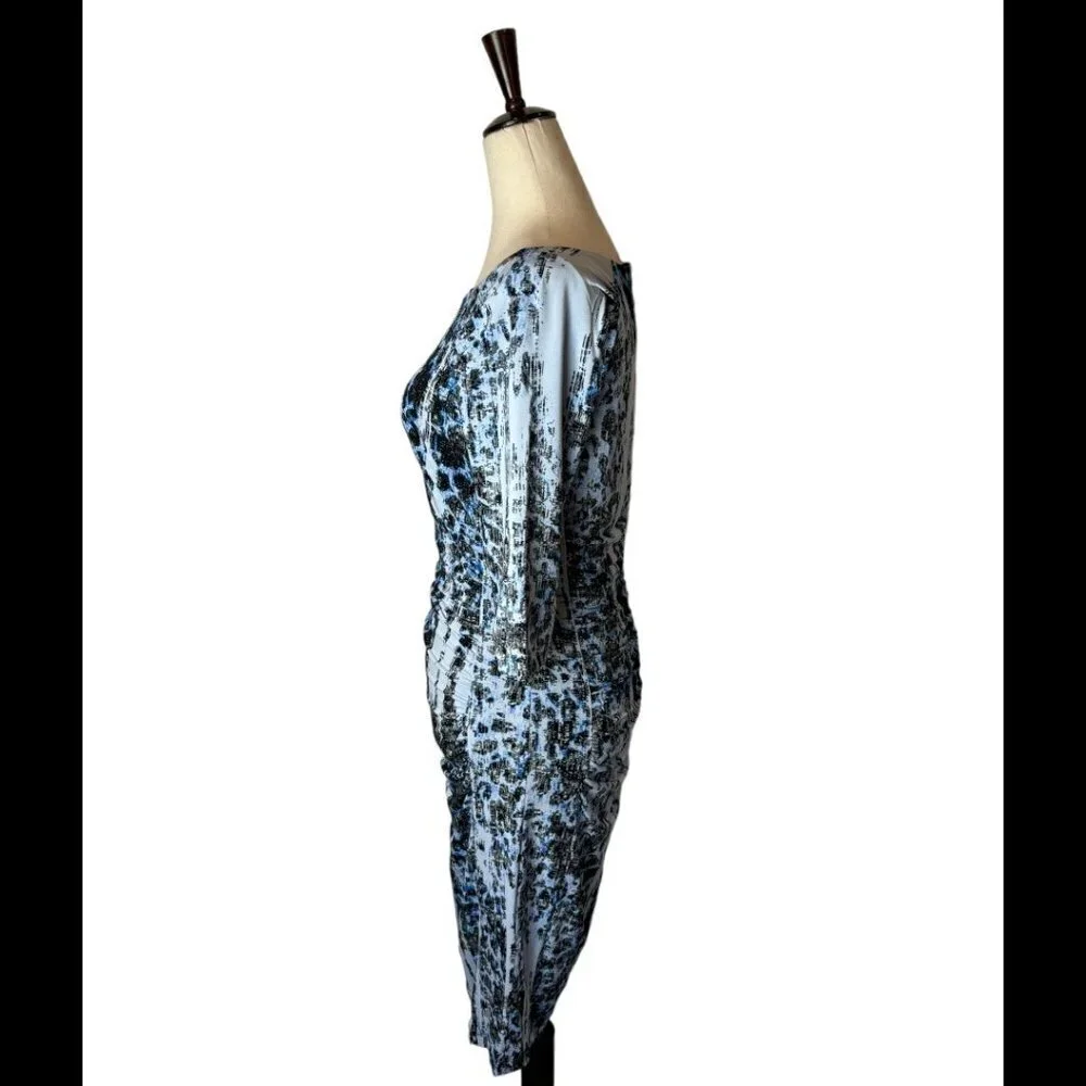Carmen Marc‎ Valvo Dress Women 6 Blue Boat Neck Jersey Knit Ruched Sheath